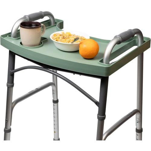 Sigo Green Walker Tray for Rolling Folding Walker, Tray Table with Cup Holder for Standard Walkers Seniors, Detachable Non Slip TV Accessories Basket Holding Plate Cups Clip On Small Bag Carrier