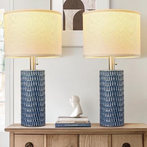 Reaketon Modern Ceramic Table Lamps Set of 2, Lamps for Bedroom, Dark Blue