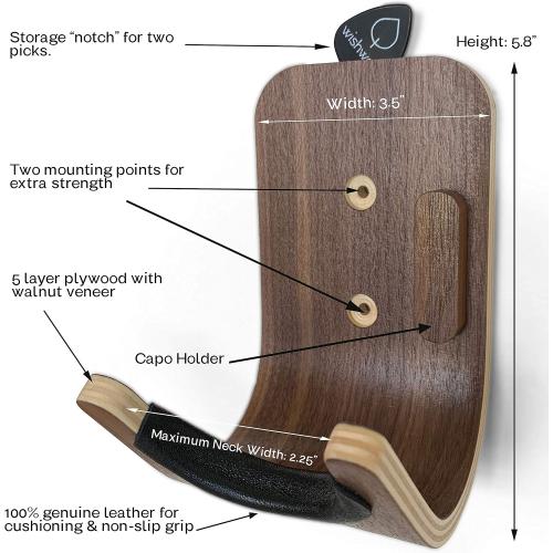 Guitar Wall Mount Hook: Modern Design Walnut Wood Guitar Hanger for Storage & Display. Heavy Duty Ply Guitar Holder for the Wall. Hangers Stand for Acoustic Guitars, Ukulele, Bass, Violin, Cello