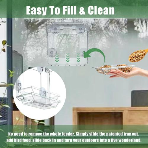 Clear Window Bird Feeder with Strong Suction Cups – Clear Bird Feeding Station with Dual Seed Tray & Water Bowl – Easy to Install and Clean for Outdoor Viewing