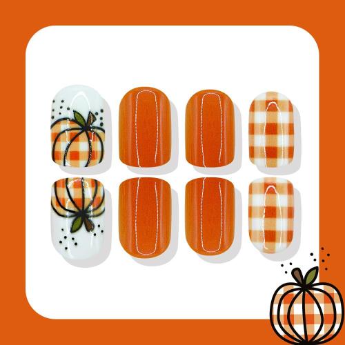 24Pcs Orange Fall Press on Nails Short Square Autumn Fake Nails with Thanksgiving Pumpkin Designs Fall Plaid Glossy False Nails Full Cover Reusable Stick on Nails for Women Manicure