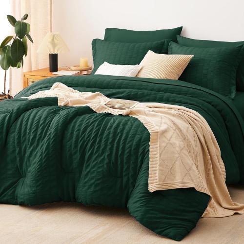 Comforter Set, 5 Pieces Emerald Green Seersucker Bed in a Bag