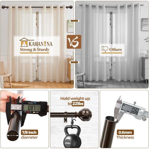 KAMANINA Curtain Rods for Windows 72 to 144 Inches (6-12ft) Long Heavy Duty Curtain Rod, 7/8 Inch Adjustable Decorative Drapery Rods with Netted Texture Finials, Bronze, Size: 32-144
