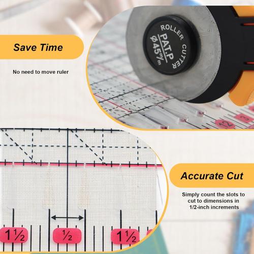 Slotted Quilting Ruler Set – 17“ x 12.8” Acrylic Quilting Rulers with 45mm Rotary Cutter, Non-Slip Mat & Arrow Stickers – Ideal for Precise Fabric Cutting, Sewing, Crafting and Patchwork