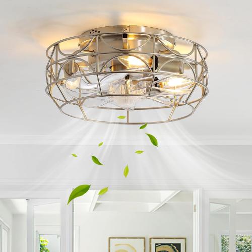 Nickel Caged Ceiling Fans with Lights and Remote,6 Speeds,12 inch Industrial Flush Mount Ceiling Fan with Light, Modern Bladeless Fan Lights Ceiling Fixtures for Kitchen, Bedroom,Indoor