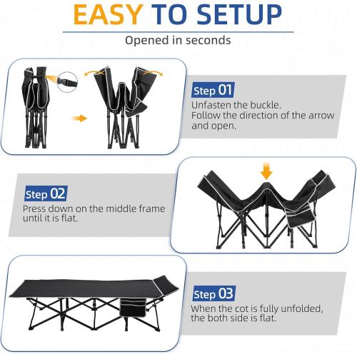 Camping Cot with Mattress, 32 Extra Wide Camping Cots for Adults, Sleeping Cot for Adults Holds Up to 600LBS, Cots for Sleeping, Camp, Rv, Beach, Patio, Office Naps(Black)