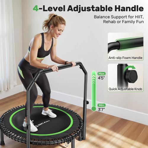 BCAN 450/550LBS Mini Rebounder Trampoline for Adults with Bar, Fitness Trampoline with Bungees, Adjustable Handle, Stable & Quiet, Indoor Outdoor, Whole-Body Workout & Relaxation at Home-40IN/48IN