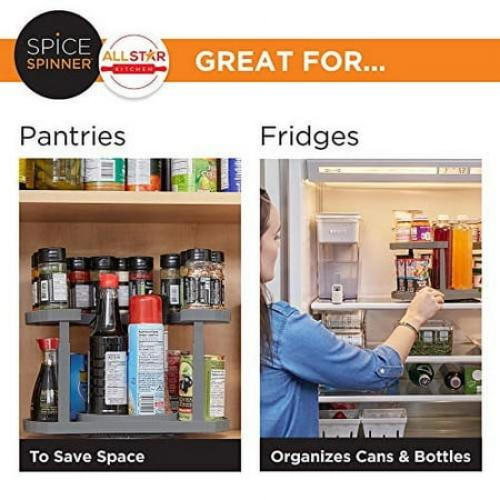 spice spinner two-tiered spice organizer & holder that saves space, keeps everything neat, organized & within reach with dual spin turntables- grey