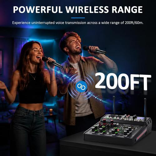 R4-PROS 4 Channel Karaoke Mixer with 2 Wireless Microphones, Bluetooth