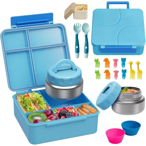 Bento Lunch Box with 9.5 oz Soup Thermo, Kids Leakproof 4 Compartments Bento Box with Silicone Cupcake,Fruit Fork,Spoon and Sauce Cup,Insulated Food Jar for School Travel-Blue