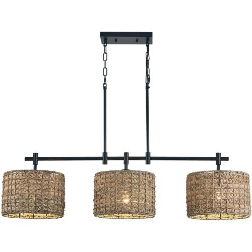 Rattan Chandeliers for Dining Room,Farmhouse Handed Woven 3-Light Linear Pendant Light Fixtures for Kitchen Island Living Room