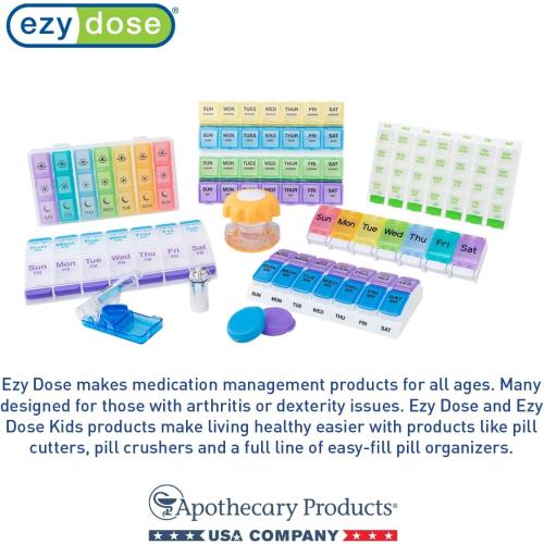 EZY DOSE Weekly AM/PM Pill Organizer, 7-Day Vitamin Container and Daily Medication Box with Large Pop-Out Compartments, 2 Times a Day Pill Holder, Blue and Purple Lids, Travel-Friendly Design