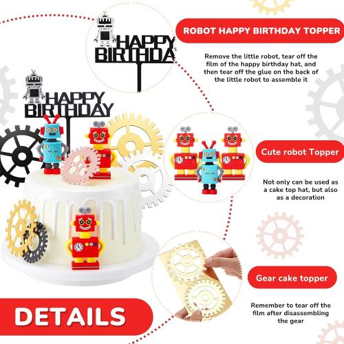 Jetec 11 Pcs Robot Birthday Cake Toppers Gear Cake Cupcake Decorations Robot Themed Birthday Party Decorations Figurine for Party Favors Supplies