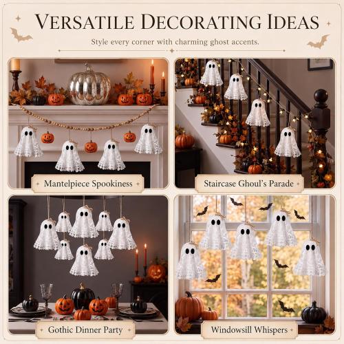 Briwooody 6 Pcs Halloween Ghost Hanging Ornaments for Tree White Lace
