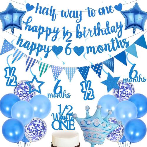 Half Birthday Decorations Banner Supplies - 28 Pcs Blue Happy 1/2 Year Birthday Banner Heart Crown Balloons Pennant Glitter Cake Topper for Baby Boy 6 Months Party Decor