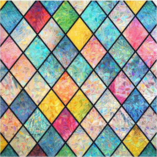 Haton Stained Glass Window Film, Rainbow Window Privacy Film, Decorative Sun Blocking Glass Clings Stickers, Static Cling Colorful Lattice Coverings Decals for Home Door 17.5 x 78.7