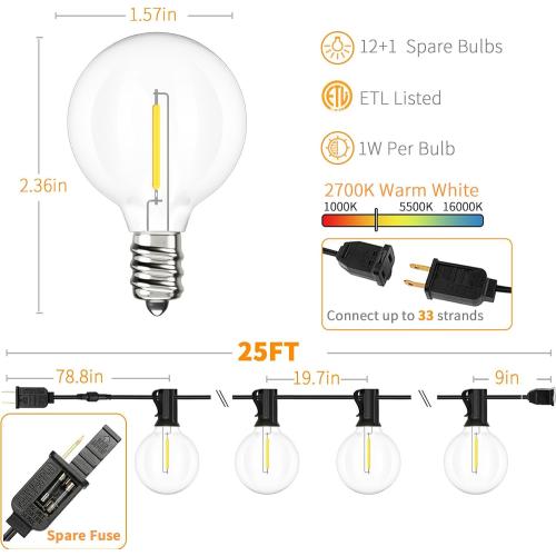 Svater Outdoor String Lights 25 FT G40 LED Patio Hanging Light Waterproof