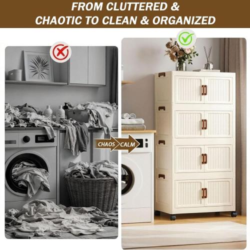 302QT Modular Stackable Storage Bins with Lids, Rolling Lidded Storage Containers with Wheels, Collapsible Drawer Storage Bins for Clothes, Container Drawers for Bedroom Dorm, Cream（6 Pack）