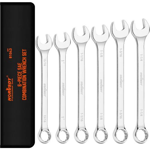 HORUSDY Large Wrench Set with Rolling Pouch | SAE | 6-Piece | 15/16″, 1″, 1-1/16″, 1-1/8″, 1-3/16″, 1-1/4″ | 12 Point | Chrome Vanadium Steel