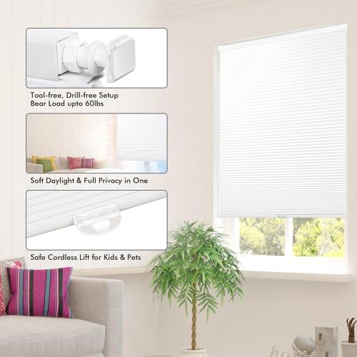 Cordless Cellular Shades, No Drill No Tools Light Filtering Honeycomb Shades, Pleated Blinds for Windows, Easy to Install, White 32 W x 48 ‼️used‼️