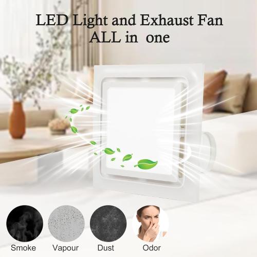 Bathroom Exhaust Fan with LED Light 125 CFM, 9.5 Panel, 0.7 Sone Low Noise，Cutout Size 8x8，Duct 4 Inch Quiet Bath Ceiling Vent Fan Combo with 6500K 1200LM LED Light, for Bathroom, Laundry, Shower