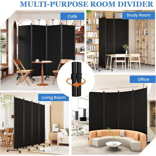 Room Divider 6FT Folding Privacy Screens with Lockable Wheels, 4 Panel Room Partition for Room Separator, 88 W Freestanding Portable Fabric Wall Dividers for Home Dorm Studio Office, Black