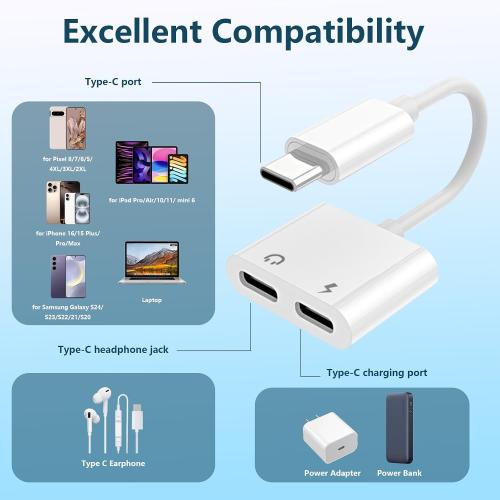 Dual USB C Headphone and Charger Adapter for iPhone, USB Type C to Aux Audio   Charge Dongle Adapter for iPhone 17/17 Pro/17 Pro Max/Air/16/16 Pro Max/15/15 Pro Max (2PACK)