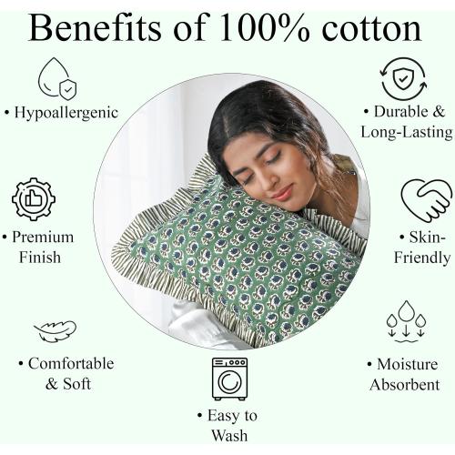 Ridhi Basil Green Block Print Ruffle Pillow Sham 20x12 Inch Set of 1