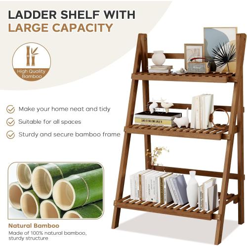 39.4 Bamboo Ladder Shelf Plant Shelf, 3 Tier Foldable Ladder Flower Pot Display Shelf Rack, 23.6W x 15D x 39.4H, Freestanding Bookshelf for Garden, Balcony, Yard, Patio, Lawn, Living Room, Walnut