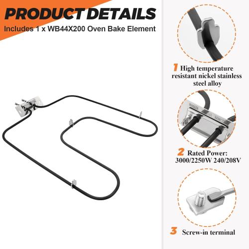 WB44X200 Bake Element Replacement for GE 240V oven element wb44x200 - Suitable for jkp07g*d2, jkp16g*07, jkp16g*d1, jkp16g*d2, jkp16g*h1, jkp16g*j3, jkp16gj4, jkp16gj5,jkp16gj6 and more OVENS