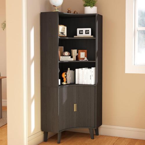 BLACK❗❗❗Tall Fluted Corner Cabinet with Sliding Doors,Storage Cabinet,corner shelf