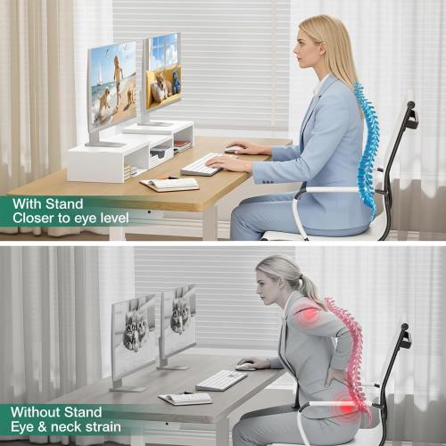 OPNICE Dual Computer Monitor Stand Riser, Desk Organizer with Drawer, Office Desk Accessories & Workspace Organizers for Home Office Supplies, White