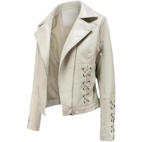 SMALL Women's Faux Leather Biker Jacket with Turn-Down Collar All-Season Motorcycle Outerwear