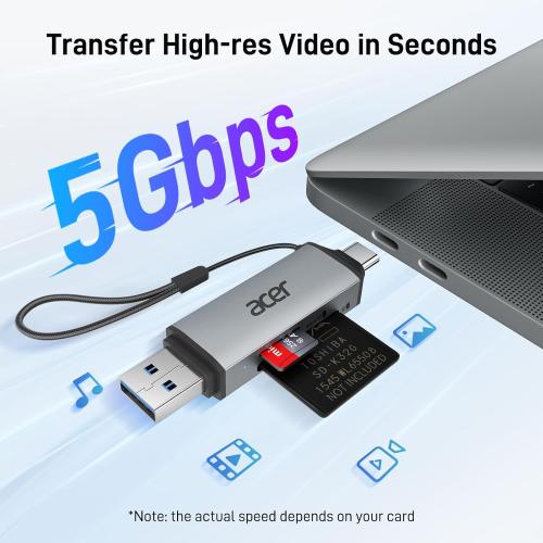 acer SD Card Reader USB C, Dual Slots USB Type C to Micro SD Card Adapter