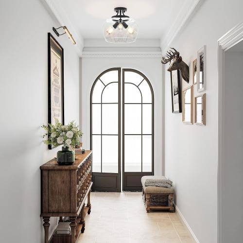 VONLUCE Semi Flush Mount Ceiling Light, 13.8 Ceiling Light Fixture with Clear Glass Shade, E26 Base, 3-Bulb Industrial Lighting Fixture for Hallway Entryway Bedroom, Matte Black, ETL Certificated