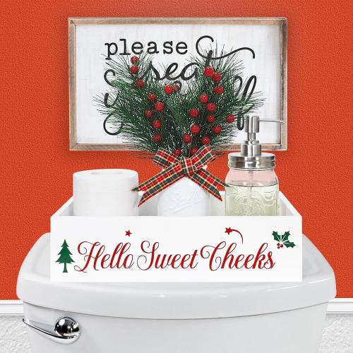 Funny Christmas Bathroom Decor Wooden Storage Box Farmhouse Christmas Decor Toilet Paper Holder Holiday Toilet Paper Holder with Xmas Tree for Bathroom Toilet Tank Organizer Storage Box Xmas Gift