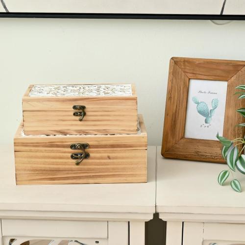 Wooden Storage Box Set of 2 - Hand Carved Floral Decorative Boxes