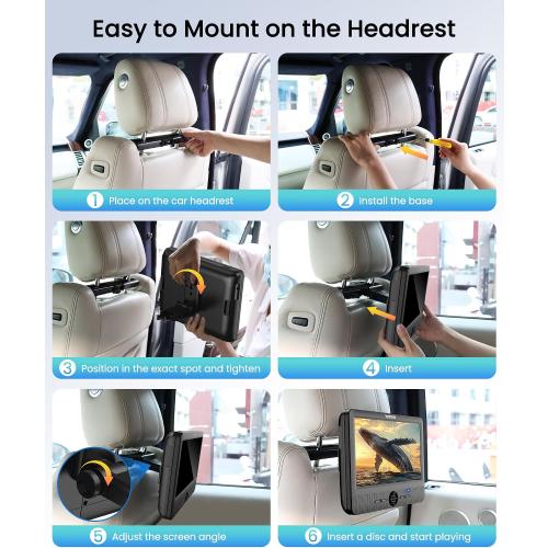 WONNIE 10 Car DVD Players, Portable DVD Player Dual Screen Play the Same or Two Different Movies with 5 Hours Rechargeable Battery, 2 AC Adapters, Headrest Mounts, All Regions, Support USB/SD/Sync TV
