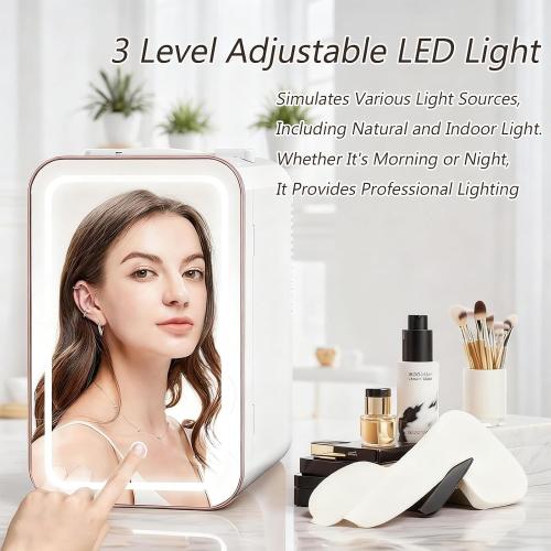 Cosmetic Fridge & Mini Skincare Fridge, 12L Capacity with Dimmable LED Light Mirror, 110V AC/12V DC Makeup Fridge for Home, Hotel, Car, and Office Use