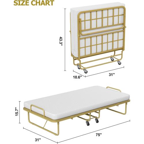 Ferlizer Folding Bed with Mattress  Space-Saving Guest Cot, Gold