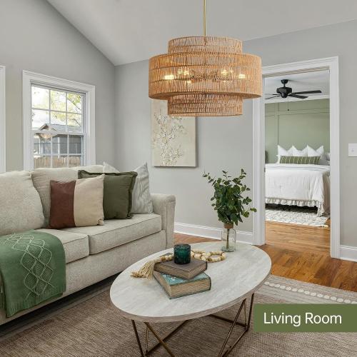 24” Boho Large Rattan Chandelier Light Fixture,6-Light Large Hand Woven Pendant Light Fixture Farmhouse Rustic Chandeliers for Kitchen Bedroom, Dining Room, Living Room, Hallway, Foyer