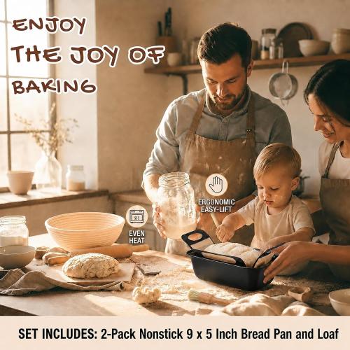 9x5 Loaf Pans for Baking Bread, 2-Pack Bread Loaf Pan Set with Silicone Bread Sling Liners, Nonstick Loaf Liners for Sourdough, Banana Bread, Homemade Bread
