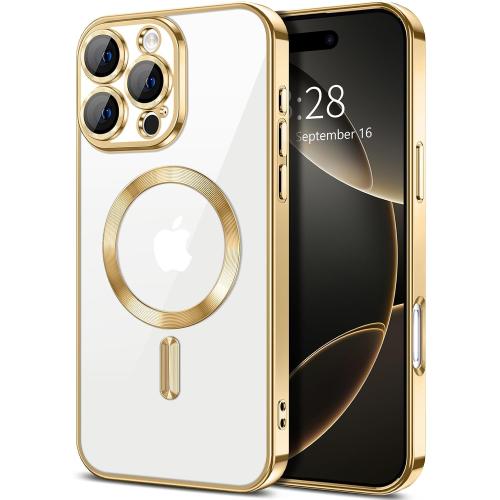 Hython Magnetic Clear for iPhone 16 Pro Case with Camera Lens Protector [Compatible with MagSafe] Luxury Plating Edge Slim Soft TPU Cover Protective Phone Case for iPhone 16 Pro 6.3, Gold