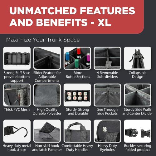 TRUNKCRATEPRO XL Heavy-Duty Trunk Organizer – Reinforced SUV & Truck Cargo Storage with 6 Adjustable Compartments, Non-Slip Base & Securing Straps (Foldable Design, Black)