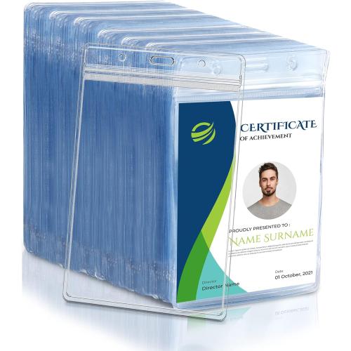 50 Pcs Vertical Clear ID Badge Holders, 4x3 Inch Waterproof PVC Plastic Badge Holders with Resealable Zip, Fits RFID/Proximity/Badge Swipe Cards, Credit Cards, Office, School, Events