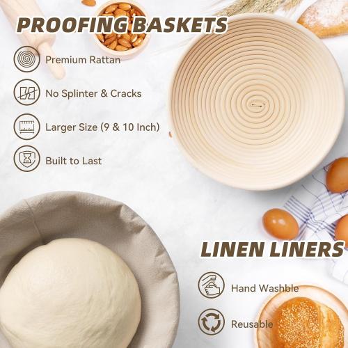 Kikcoin 9 & 10 Banneton Bread Proofing Basket Set, Round Banneton Basket for Sourdough Baking, Baking Supplies with Linen Liner, Bread Lame & Dough Whisk, Sourdough Proofing Tools
