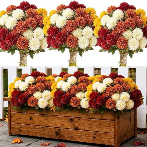 12Pcs Artificial Fall Mums for Outdoors, UV Resistant Fake Silk Mums