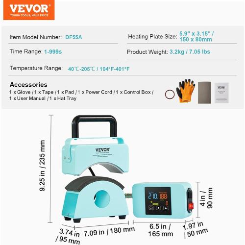 VEVOR Hat Press Machine, Mini Hat Heat Press for Caps with Integrated Control Panel, Cap Heat Press Machine with 5.9x3.15 inch Curved Heating Plate, Safety Base, and Glove, Automatic Shut-Off, Green