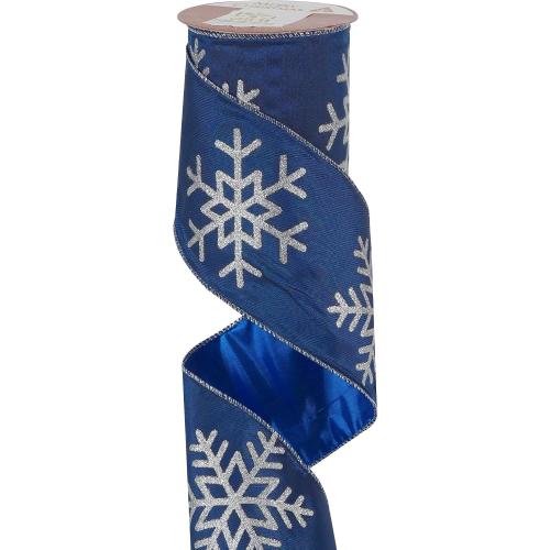 MEEDEE 4 Inch Navy Blue Snowflake Ribbon Navy Satin Wired Christmas Tree Ribbons with Silver Glitter Snowflake 10 Yards Blue and Silver Ribbon for Holiday Crafts, Garlands, Large Tree Topper Bow