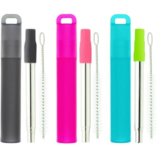 NAIVELY-Metal Reusable Straws 3 Pack Collapsible Portable Stainless Steel Drinking Straw Telescopic Travel Straw, with Case and Cleaning Brush Foldable Pocket Straws